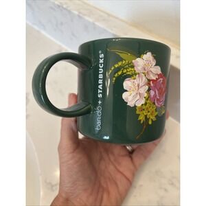 Starbucks Mug Floral Green‎ Ceramic Holiday 2018 12 oz Bando Red Rose